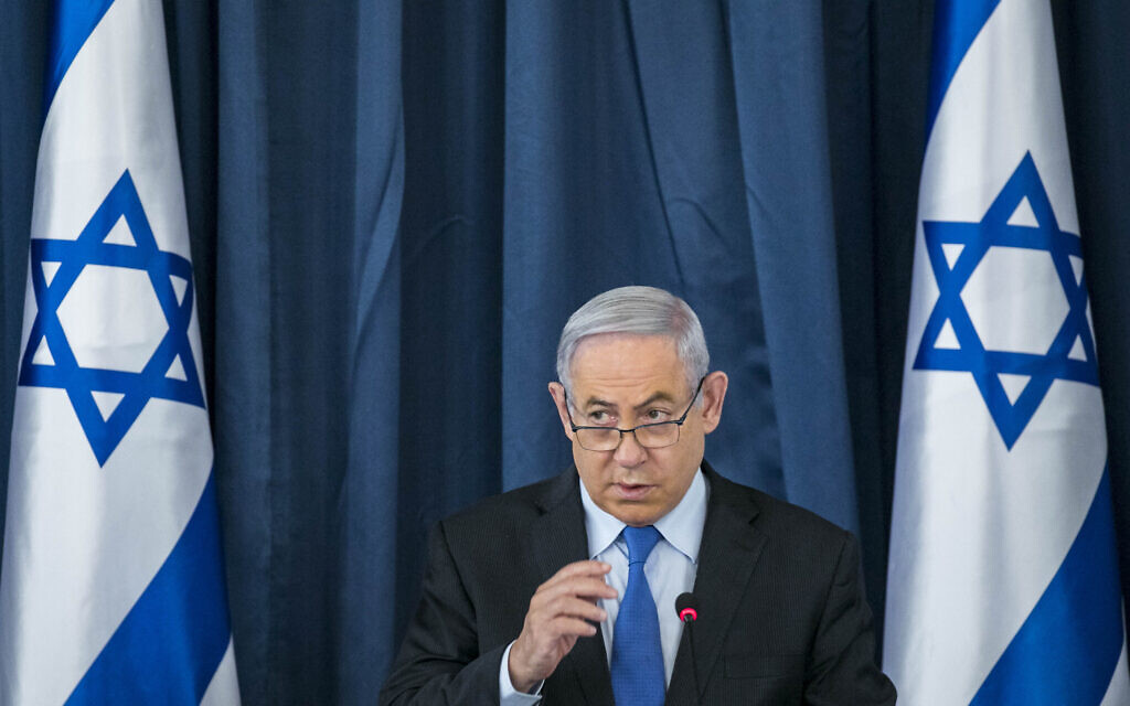 Prime Minister Benjamin Netanyahu at the weekly cabinet meeting at the Foreign Ministry in Jerusalem on June 28, 2020. (Olivier Fitoussi/Flash90) Prime Minister Benjamin Netanyahu at the weekly cabinet meeting at the Foreign Ministry in Jerusalem on June 28, 2020. (Olivier Fitoussi/Flash90)