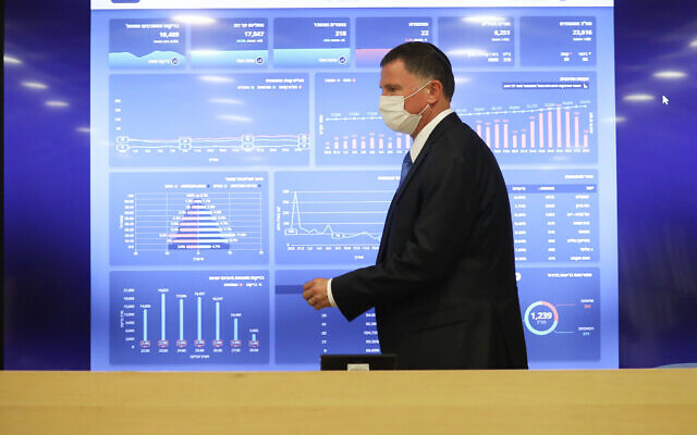 Health Minister Yuli Edelstein speaks a press conference about the coronavirus at the Health Ministry in Jerusalem on June 28, 2020. (Olivier Fitoussi/Flash90) Health Minister Yuli Edelstein speaks a press conference about the coronavirus at the Health Ministry in Jerusalem on June 28, 2020. (Olivier Fitoussi/Flash90)