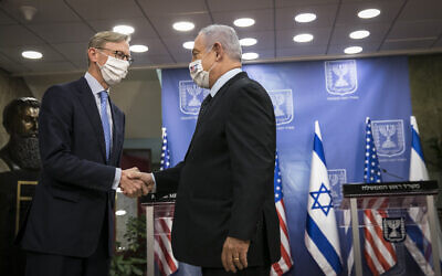 Prime Minister Benjamin Netanyahu meets with Brian Hook, US Special Representative for Iran and Senior Adviser to the US Secretary of State, in Jerusalem on June 30, 2020. (Olivier Fitoussi/Flash90)
