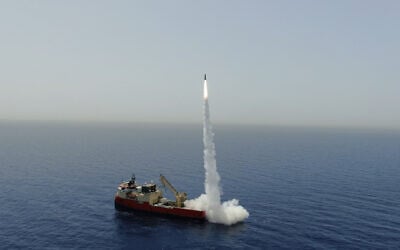 A LORA ballistic missile, produced by the Israel Aerospace Industries defense firm, is test-fired at sea on June 2, 2020. (Israel Aerospace Industries)