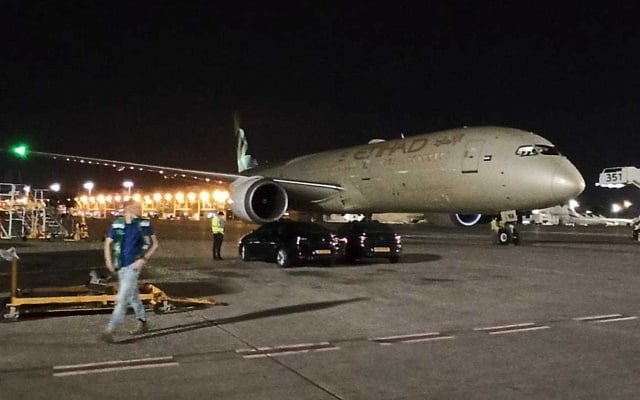 An Etihad airlines cargo plane at Ben-Gurion airport on June 9, 2020. (Moni Shiffer/Israel Airports Authority) An Etihad airlines cargo plane at Ben-Gurion airport on June 9, 2020. (Moni Shiffer/Israel Airports Authority)