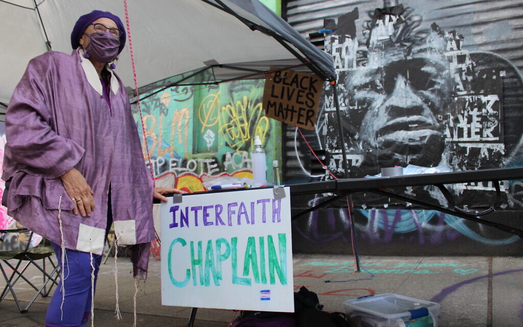 Illustrative: Social worker and health care chaplain Chava Monastersky staffs the interfaith chaplaincy at the Capitol Hill Occupied Protest in Seattle. (Gregory Gutterman Scruggs/Times of Israel)