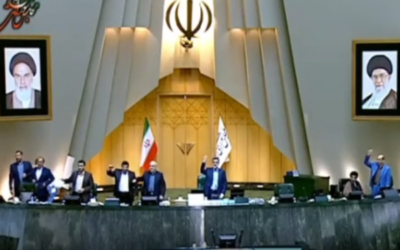 Iranian lawmakers chant "death to America" in an alleged show of support for US protesters demonstrating against George Floyd's killing by a police officer, at the Iranian parliament in the capital Tehran, June 7, 2020. (Screen capture: Instagram)