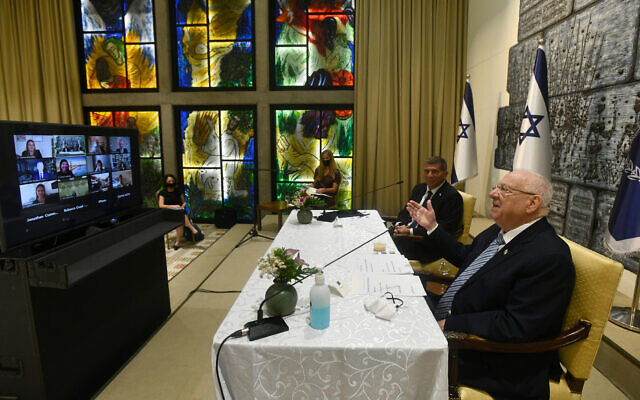 President Reuven Rivlin and Foreign Minister Gabi Ashkenazi hold a video conference with US Jewish leaders, at the President's Residence in Jerusalem, June 10, 2020. (Haim Zach/GPO) President Reuven Rivlin and Foreign Minister Gabi Ashkenazi hold a video conference with US Jewish leaders, at the President's Residence in Jerusalem, June 10, 2020. (Haim Zach/GPO)