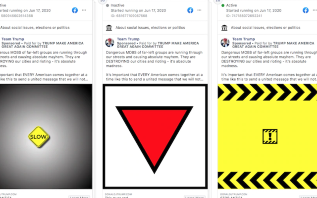 The ADL says the red triangle in a Trump campaign Facebook ad resembles a symbol used by the Nazis. (Screen shot from Facebook) The ADL says the red triangle in a Trump campaign Facebook ad resembles a symbol used by the Nazis. (Screen shot from Facebook)