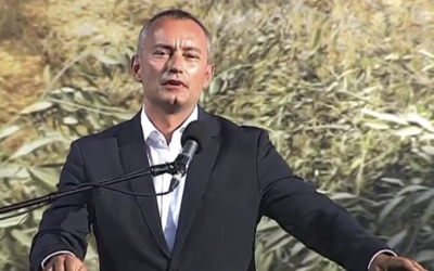 United Nations Special Envoy Nikolay Mladenov addresses an anti-annexation protest organized by Fatah in the Jordan Valley on Monday, June 22, 2020 (Screenshot/Palestine TV).