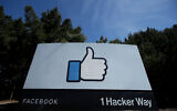 The thumbs up 'Like' logo on a sign at Facebook headquarters in Menlo Park, California, April 14, 2020. (AP/Jeff Chiu)