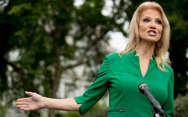 Counselor to US President Donald Trump, Kellyanne Conway, speaks to reporters on the North Lawn outside the West Wing of the White House in Washington, May 27, 2020. (AP Photo/Andrew Harnik) Counselor to US President Donald Trump, Kellyanne Conway, speaks to reporters on the North Lawn outside the West Wing of the White House in Washington, May 27, 2020. (AP Photo/Andrew Harnik)