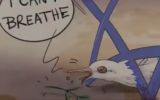 A Star of David crushing the neck of a dove saying "I can't breathe" as part of an art exhibit in Tehran, Iran about the George Floyd protests in the US, June 14, 2020. (Screenshot: Twitter)