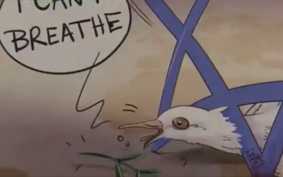 A Star of David crushing the neck of a dove saying "I can't breathe" as part of an art exhibit in Tehran, Iran about the George Floyd protests in the US, June 14, 2020. (Screenshot: Twitter)