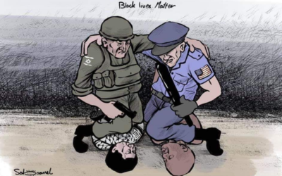 Israeli and American soldiers support each other as they kneel on a Palestinian and a black man, choking them (Al-Hayat al-Jadida screenshot)
