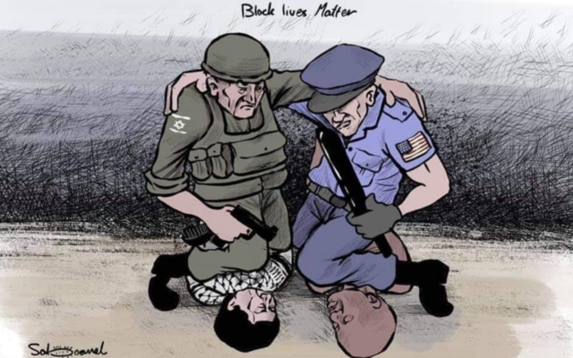 Israeli and American soldiers support each other as they kneel on a Palestinian and a black man, choking them (Al-Hayat al-Jadida screenshot) Israeli and American soldiers support each other as they kneel on a Palestinian and a black man, choking them (Al-Hayat al-Jadida screenshot)