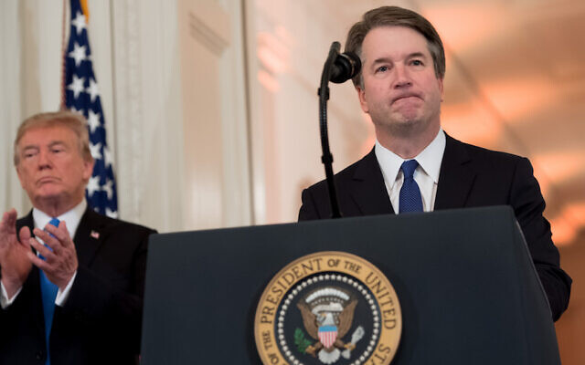 US Judge Brett Kavanaugh speaks after being nominated by US President Donald Trump (L) to the Supreme Court in the East Room of the White House on July 9, 2018 in Washington, DC. (Saul Loeb/AFP/Getty Images via JTA) US Judge Brett Kavanaugh speaks after being nominated by US President Donald Trump (L) to the Supreme Court in the East Room of the White House on July 9, 2018 in Washington, DC. (Saul Loeb/AFP/Getty Images via JTA)
