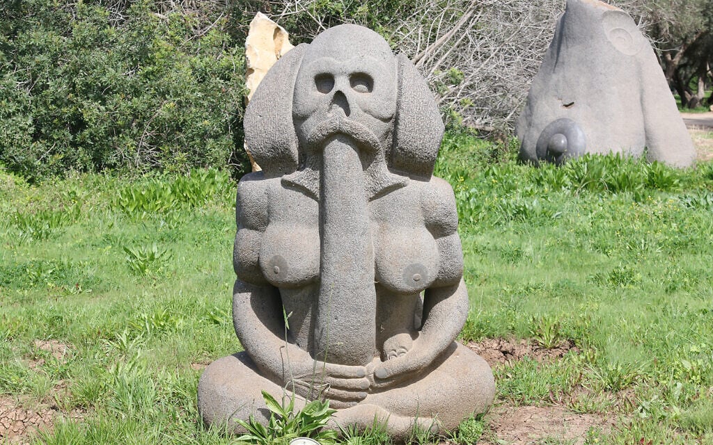 Artwork made of basalt rock by Dagan Shkovsky in Kibbutz Ein Carmel. Shkovsky worked on the community's sculpture garden for 28 years. (Shmuel Bar-Am)