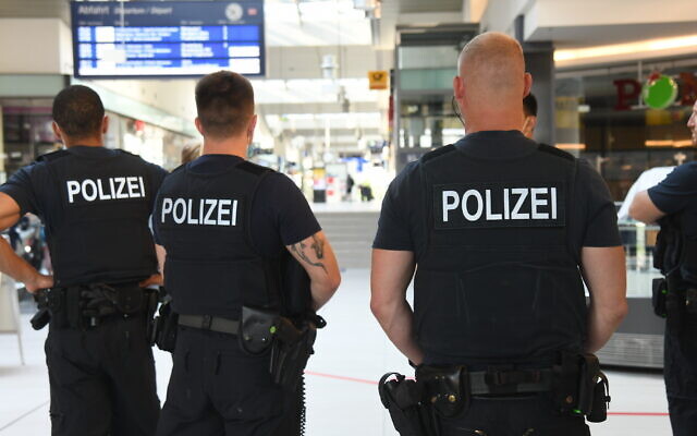 German police seen in Potsdam's central train station, on June 26, 2020. (Julian Stähle/picture alliance via Getty Images via JTA) German police seen in Potsdam's central train station, on June 26, 2020. (Julian Stähle/picture alliance via Getty Images via JTA)