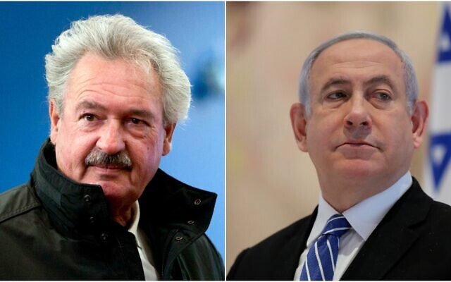 Composite photo L to R: Luxembourg's Foreign Minister Jean Asselborn in Brussels on February 26, 2018; Israeli Prime Minister Benjamin Netanyahu at the Knesset on May 24, 2020 (AP Photo/Virginia Mayo; Abir Sultan/Pool Photo via AP)