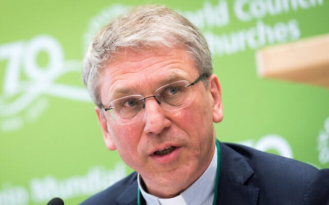 Rev. Dr Olav Fykse Tveit, general secretary of the World Council of Churches, speaks at an event in Geneva, Switzerland, June 15, 2018. (Albin Hillert/WCC via JTA) Rev. Dr Olav Fykse Tveit, general secretary of the World Council of Churches, speaks at an event in Geneva, Switzerland, June 15, 2018. (Albin Hillert/WCC via JTA)