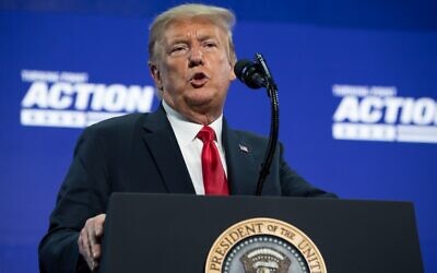 US President Donald Trump speaks during a Students for Trump event at the Dream City Church in Phoenix, Arizona, June 23, 2020. (Saul Loeb/AFP)