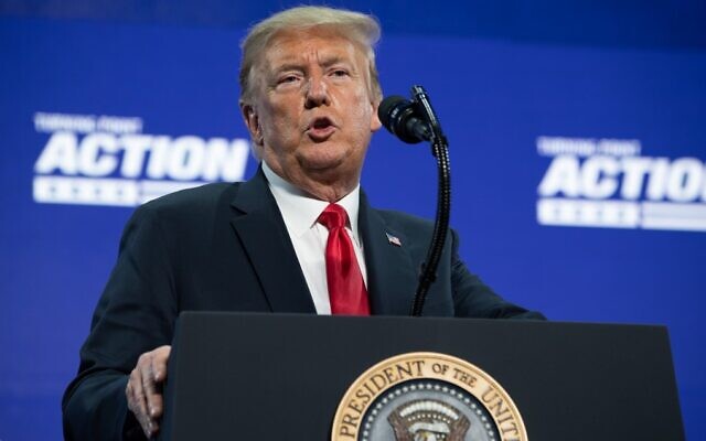 US President Donald Trump speaks during a Students for Trump event at the Dream City Church in Phoenix, Arizona, June 23, 2020. (Saul Loeb/AFP) US President Donald Trump speaks during a Students for Trump event at the Dream City Church in Phoenix, Arizona, June 23, 2020. (Saul Loeb/AFP)