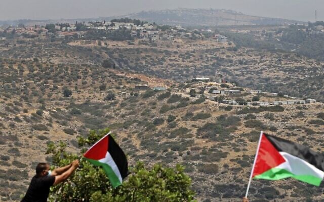 Illustrative: Palestinian demonstrators wave flags during a protest in the West Bank town of Biddya on July 6, 2020. (JAAFAR ASHTIYEH/AFP) Illustrative: Palestinian demonstrators wave flags during a protest in the West Bank town of Biddya on July 6, 2020. (JAAFAR ASHTIYEH/AFP)