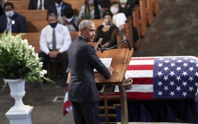 Former president Barack Obama gives the eulogy at the funeral service for the late Rep. John Lewis (D-GA) at Ebenezer Baptist Church on July 30, 2020 in Atlanta, Georgia. (Alyssa Pointer-Pool/Getty Images/AFP)