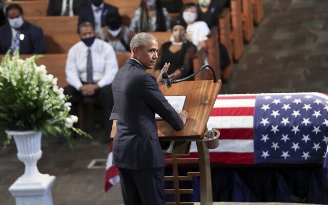 Former president Barack Obama gives the eulogy at the funeral service for the late Rep. John Lewis (D-GA) at Ebenezer Baptist Church on July 30, 2020 in Atlanta, Georgia. (Alyssa Pointer-Pool/Getty Images/AFP) Former president Barack Obama gives the eulogy at the funeral service for the late Rep. John Lewis (D-GA) at Ebenezer Baptist Church on July 30, 2020 in Atlanta, Georgia. (Alyssa Pointer-Pool/Getty Images/AFP)