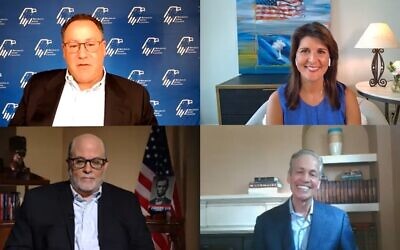 Clockwise, Matt Brooks, Nikki Haley, Norm Coleman and Mark Levin join in a Republican Jewish Coalition online town hall on July 19, 2020. (Screenshot/ via JTA)