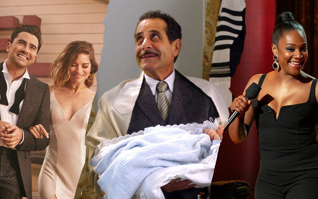 Among the 2020 Emmy Awards nominations were, from left, 'Schitt's Creek,' 'The Marvelous Mrs. Maisel' and 'Black Mitzvah.' (Image design by Emily Burack/Stills via Pop TV/Amazon Prime/Netflix/ via JTA) Among the 2020 Emmy Awards nominations were, from left, 'Schitt's Creek,' 'The Marvelous Mrs. Maisel' and 'Black Mitzvah.' (Image design by Emily Burack/Stills via Pop TV/Amazon Prime/Netflix/ via JTA)