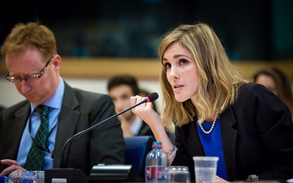 Holly Huffnagle speaks at European Parliament on Jewish community security in 2017. (Courtesy)