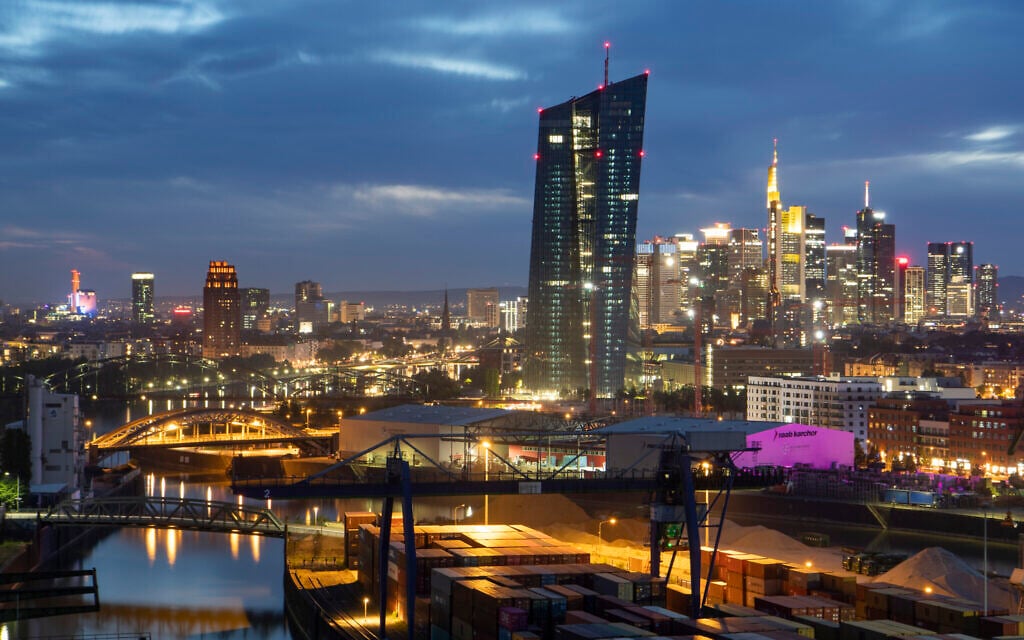 A view of the Frankfurt skyline, May 8, 2020. (Boris Roessler/picture alliance via Getty Images/ via JTA)