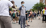 Minneapolis Mayor Jacob Frey looks on during a demonstration calling for the Minneapolis police department to be defunded, June 6, 2020. (Stephen Maturen/Getty Images via JTA)