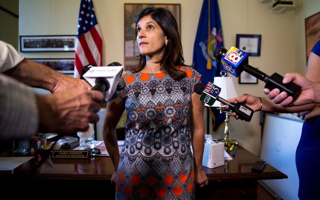 Sara Gideon speaks to the media in her office at the Maine State House, July 3, 2017. (Brianna Soukup/Portland Portland Press Herald via Getty Images/ via JTA) Sara Gideon speaks to the media in her office at the Maine State House, July 3, 2017. (Brianna Soukup/Portland Portland Press Herald via Getty Images/ via JTA)