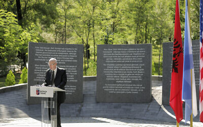 Israeli Ambassador in Albania Noah Gal Gendler speaks during the inauguration of a Holocaust memorial in Tirana, on Thursday, July 9, 2020. (Xhulio Hajdari /Tirana City Hall via AP)