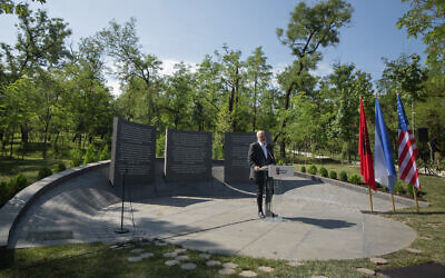 Albanian Prime Minister Edi Rama speaks during the inauguration of a memorial in Tirana, on July 9, 2020. (Xhulio Hajdari/Tirana City Hall via AP)