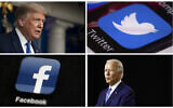 This photo combo of images shows, clockwise, from upper left: US President Donald Trump speaking during a news conference at the White House on July 22, 2020, in Washington, the Twitter app, Democratic presidential candidate, former Vice President Joe Biden speaking during a campaign event on July 14, 2020, in Wilmington, Delaware, and the Facebook app (AP Photo)