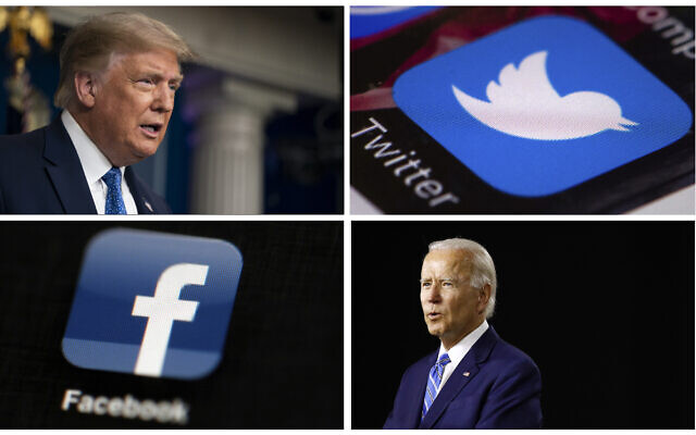 This photo combo of images shows, clockwise, from upper left: US President Donald Trump speaking during a news conference at the White House on July 22, 2020, in Washington, the Twitter app, Democratic presidential candidate, former Vice President Joe Biden speaking during a campaign event on July 14, 2020, in Wilmington, Delaware, and the Facebook app (AP Photo) This photo combo of images shows, clockwise, from upper left: US President Donald Trump speaking during a news conference at the White House on July 22, 2020, in Washington, the Twitter app, Democratic presidential candidate, former Vice President Joe Biden speaking during a campaign event on July 14, 2020, in Wilmington, Delaware, and the Facebook app (AP Photo)