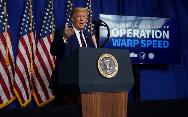 US President Donald Trump speaks during a coronavirus briefing at Bioprocess Innovation Center at Fujifilm Diosynth Biotechnologies, Monday, July 27, 2020, in Morrisville, NC. (AP Photo/Evan Vucci) US President Donald Trump speaks during a coronavirus briefing at Bioprocess Innovation Center at Fujifilm Diosynth Biotechnologies, Monday, July 27, 2020, in Morrisville, NC. (AP Photo/Evan Vucci)