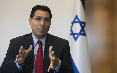 Israel's outgoing ambassador to the United Nations Danny Danon speaks during an interview with The Associated Press in the central Israeli city of Ra'anana, Tuesday, July 28, 2020.  (AP Photo/Sebastian Scheiner)
