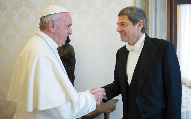 Illustrative: Pope Francis meets Oren David, the new Israeli Ambassador to the Holy See, on the occasion of the presentation of letters of credentials, at the Vatican, Thursday, Oct. 27, 2016. (L'Osservatore Romano/ANSA via AP) Illustrative: Pope Francis meets Oren David, the new Israeli Ambassador to the Holy See, on the occasion of the presentation of letters of credentials, at the Vatican, Thursday, Oct. 27, 2016. (L'Osservatore Romano/ANSA via AP)