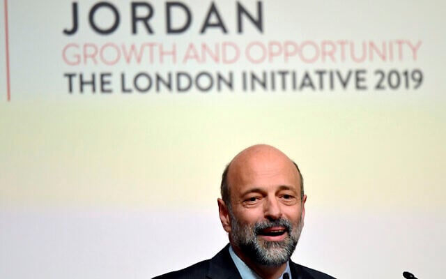 Jordanian Prime Minister Omar Razzaz speaks at the Jordan Growth and Opportunity Conference in London, February 28, 2019. (Toby Melville/PA via AP) Jordanian Prime Minister Omar Razzaz speaks at the Jordan Growth and Opportunity Conference in London, February 28, 2019. (Toby Melville/PA via AP)