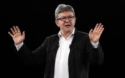 French far-left leader Jean-Luc Melenchon, gives a speech during a campaign event in Marseille, southern France, May 11, 2019. (AP Photo/Claude Paris)