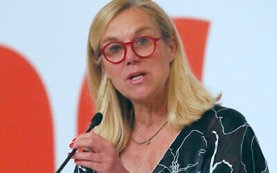 Netherlands' Minister for Foreign Trade and Development Cooperation Sigrid Kaag delivers a speech during the Netherlands Economic Mission to Indonesia in Jakarta, Indonesia, March 10, 2020. (AP Photo/Tatan Syuflana)