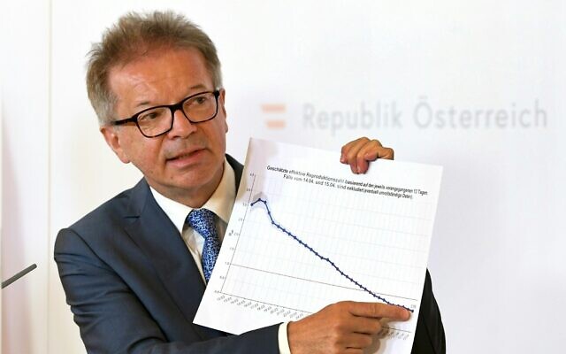 Austria's Health Minister Rudolf Anschober adresses the media during a press conference in Vienna, Austria, April 16, 2020. (Helmut Fohringer/APA via AP, Pool) Austria's Health Minister Rudolf Anschober adresses the media during a press conference in Vienna, Austria, April 16, 2020. (Helmut Fohringer/APA via AP, Pool)