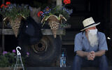 A vendor waits for customers at a drive-thru farmers market, Saturday, May 2, 2020, in Overland Park, Kansas. (AP/Charlie Riedel)