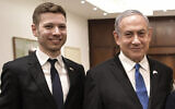 FILE - Prime Minister Benjamin Netanyahu (right) and son Yair in Tel Aviv, January 23, 2020. (Aleksey Nikolskyi/Sputnik Kremlin Pool Photo via AP)