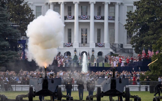 President Donald Trump and first lady Melania Trump watch as a 21-gun salute by the Presidential Salute Battery, 3d U.S. Infantry Regiment (The Old Guard), is fired by canons on the Ellispe during a "Salute to America" event on the South Lawn of the White House, Saturday, July 4, 2020, in Washington. (AP/Alex Brandon) President Donald Trump and first lady Melania Trump watch as a 21-gun salute by the Presidential Salute Battery, 3d U.S. Infantry Regiment (The Old Guard), is fired by canons on the Ellispe during a "Salute to America" event on the South Lawn of the White House, Saturday, July 4, 2020, in Washington. (AP/Alex Brandon)