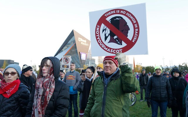 Native American leaders protest against the Redskins team name outside US Bank Stadium before an NFL football game, October 24, 2019. (Bruce Kluckhohn/AP) Native American leaders protest against the Redskins team name outside US Bank Stadium before an NFL football game, October 24, 2019. (Bruce Kluckhohn/AP)