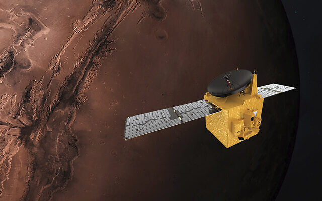 This June 1, 2020, rendering provided by Mohammed Bin Rashid Space Centre shows the Hope probe (MBRSC via AP) This June 1, 2020, rendering provided by Mohammed Bin Rashid Space Centre shows the Hope probe (MBRSC via AP)