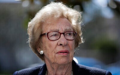 In this March 7, 2019, photo, Eva Schloss, the stepsister of Anne Frank and a Holocaust survivor, attends a news conference in Newport Beach, California. (AP Photo/Jae C. Hong)