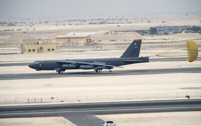 A US Air Force B-52 Stratofortress aircraft from Barksdale Air Force Base, Louisiana, arrives at Al Udeid Air Base, Qatar on April 9, 2016. (Staff Sgt. Corey Hook/U.S. Air Force via AP)